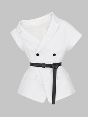 Women's White Double-Breasted Tunic Blazer with Black Belt